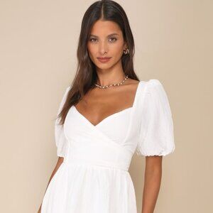 Lulus Little Bit In Love White Surplice Puff Sleeve Mini Dress - Size M